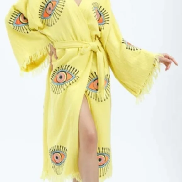 Cotton Turkish Robe - Yellow Handmade Evil Eye Pattern - Soft & Lightweight - Picture 2 of 4